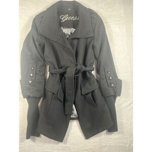 Guess Black Belted Military-Style Coat Ribbed Thumbhole Cuffs — Missing 1 Button